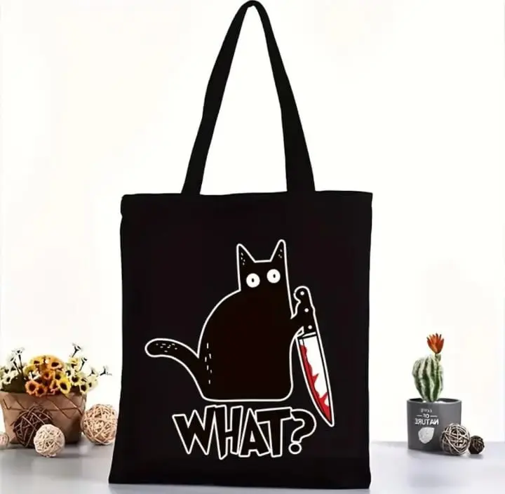 WHAT! Cotton Black Tote Bag with Zipper