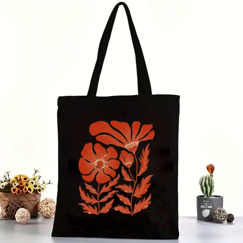  Flora & Fauna Cotton Black Tote Bag with Zipper