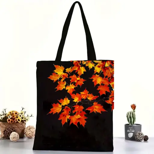 Autumn Whisper Cotton Black Tote Bag with Zipper
