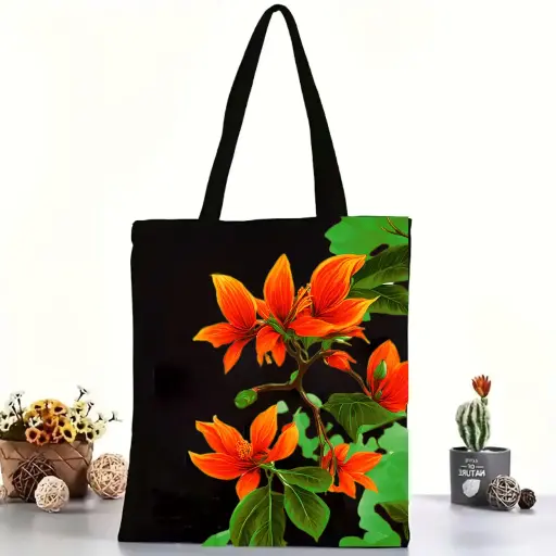 Flame Blossom Cotton Black Tote Bag with Zipper