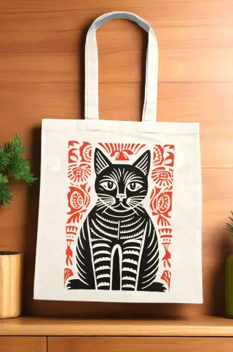  Whiskered One Canvas Beige Tote Bag with Zipper