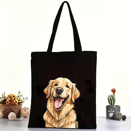  Golden Paws Cotton Black Tote Bag with Zipper