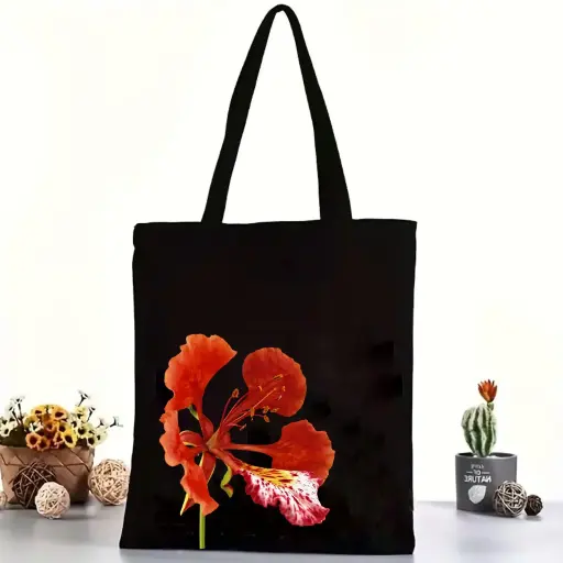 Blood Orchid Cotton Black Tote Bag with Zipper