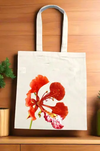 Blood Orchid Canvas Beige Tote Bag with Zipper