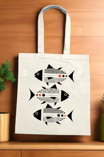  Stacked Fins Canvas Beige Tote Bag with Zipper