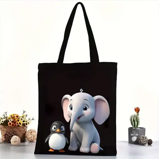 Ele & Peng: Best Friends Cotton Black Tote Bag with Zipper