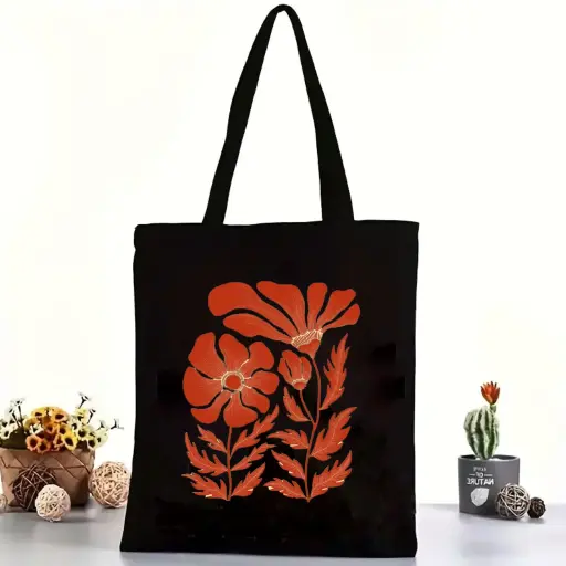  Flora & Fauna Cotton Black Tote Bag with Zipper