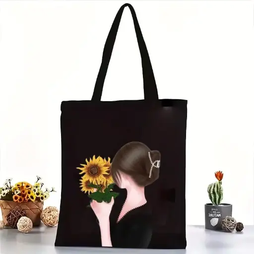  Whisper of the Sunflower Cotton Black Tote Bag with Zipper