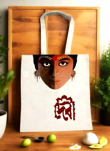 Devi By Satyajit Ray Canvas Beige Tote Bag with Zipper