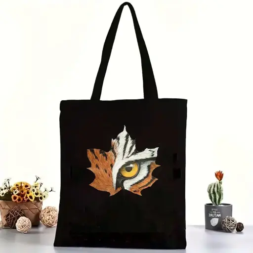 Maple Gaze Cotton Black Tote Bag with Zipper