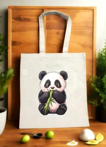  Munching Panda Canvas Beige Tote Bag with Zipper
