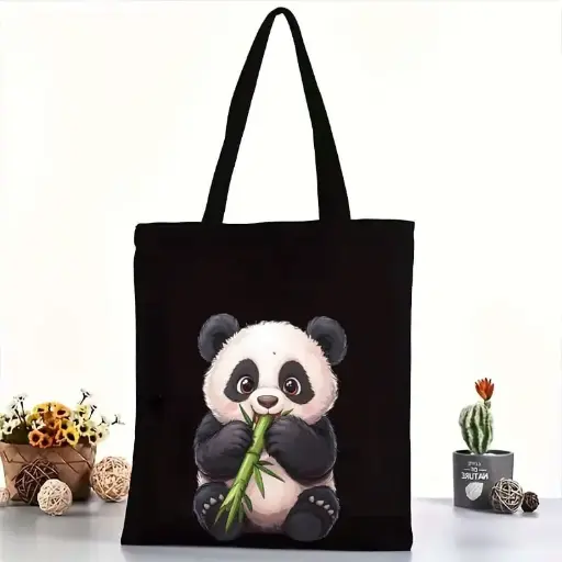 Munching Panda Cotton Black Tote Bag with Zipper