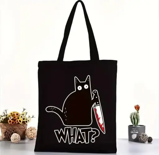 WHAT! Cotton Black Tote Bag with Zipper