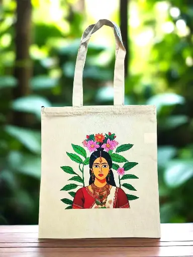 Cultural Bloom Canvas Beige Tote Bag with Zipper